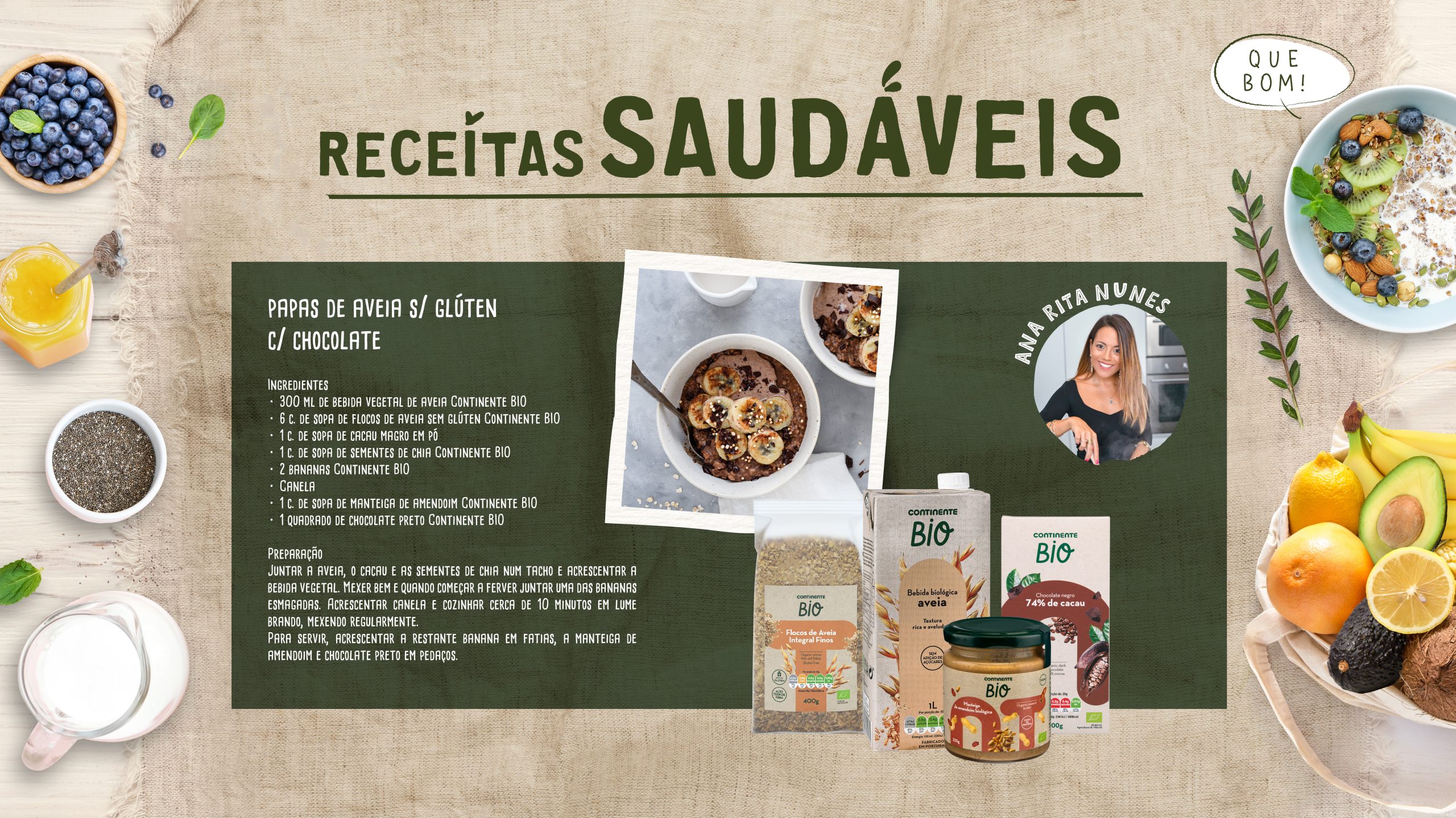 “Healthy Recipes” page featuring oatmeal and Continente Bio products, accompanied by photography of natural ingredients.