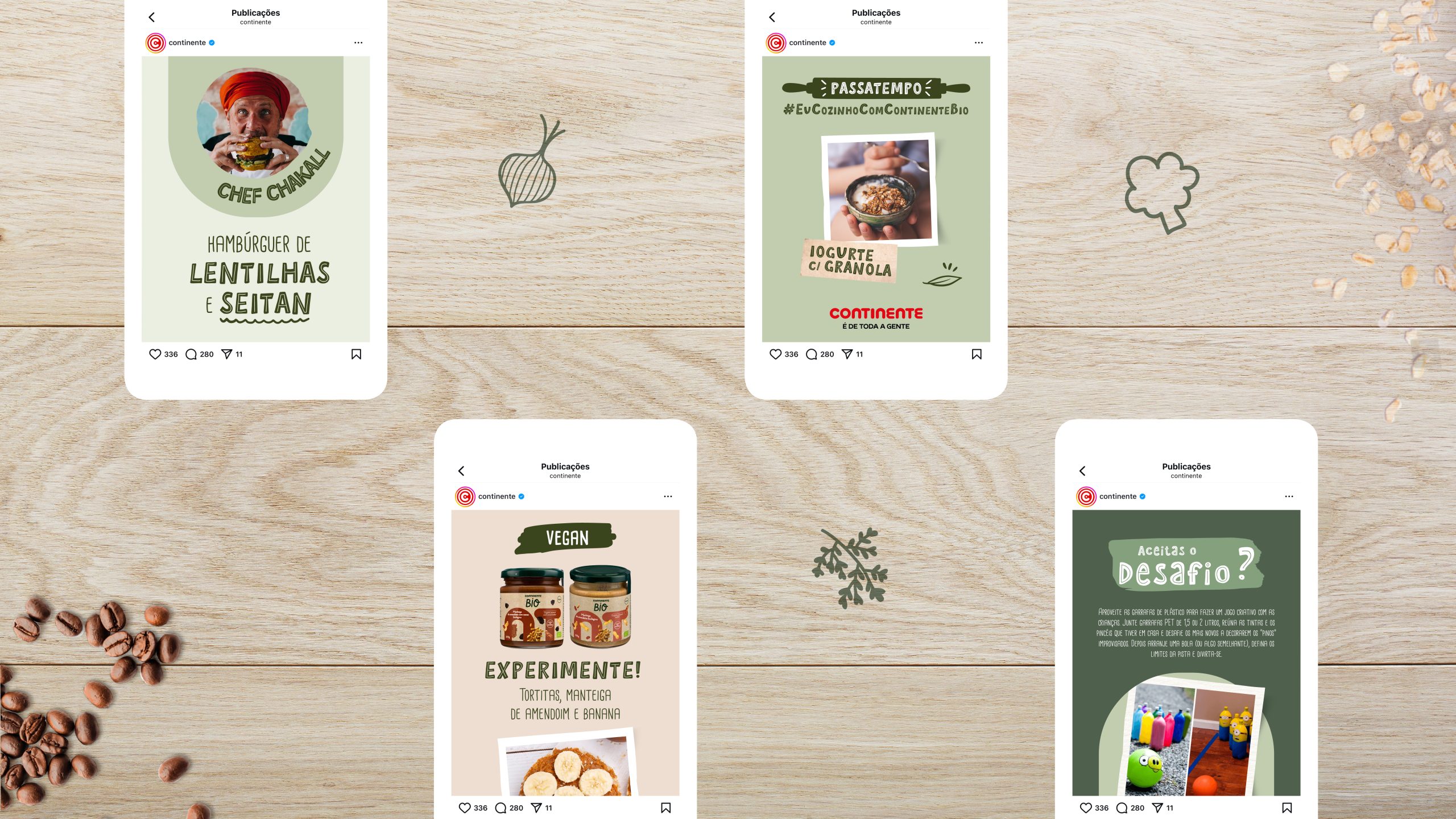 Set of digital social media posts with photographs of organic products and dishes, featuring promotional messages such as “Try it!” and “Challenge?”.