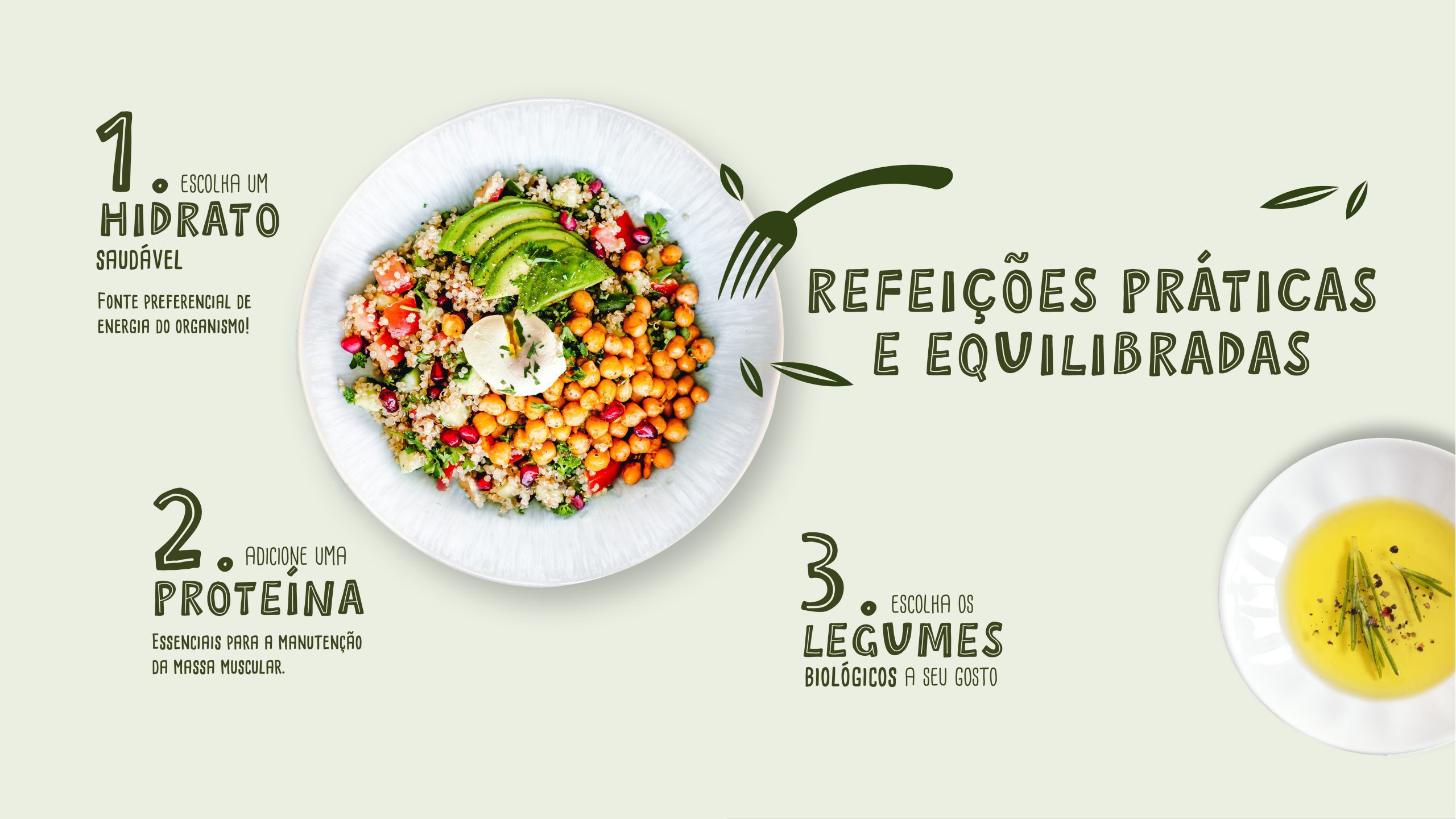 Graphic layout featuring dishes and hand-drawn typography under the title “Practical and Balanced Meals”, highlighting a light and well-structured visual composition.