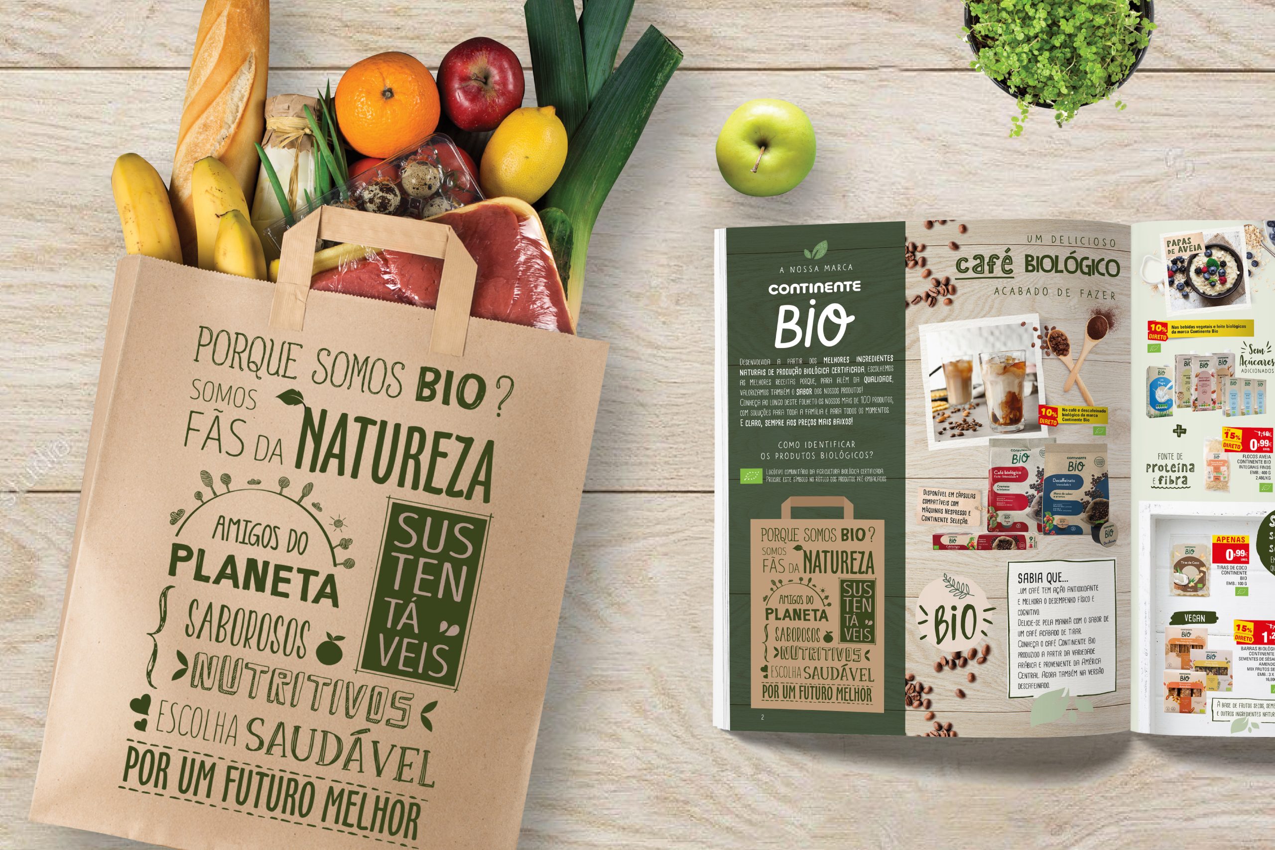Composition featuring a paper bag with green typography “Why are we BIO?”, surrounded by fresh fruits and vegetables beside an open magazine showing the campaign design.
