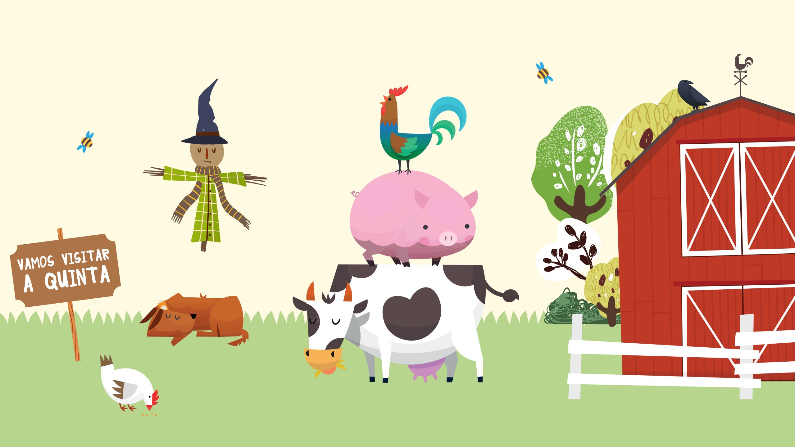 Ilustração de uma quinta com animais e celeiro vermelho, parte do conceito visual da campanha “Vamos visitar a Quinta”.