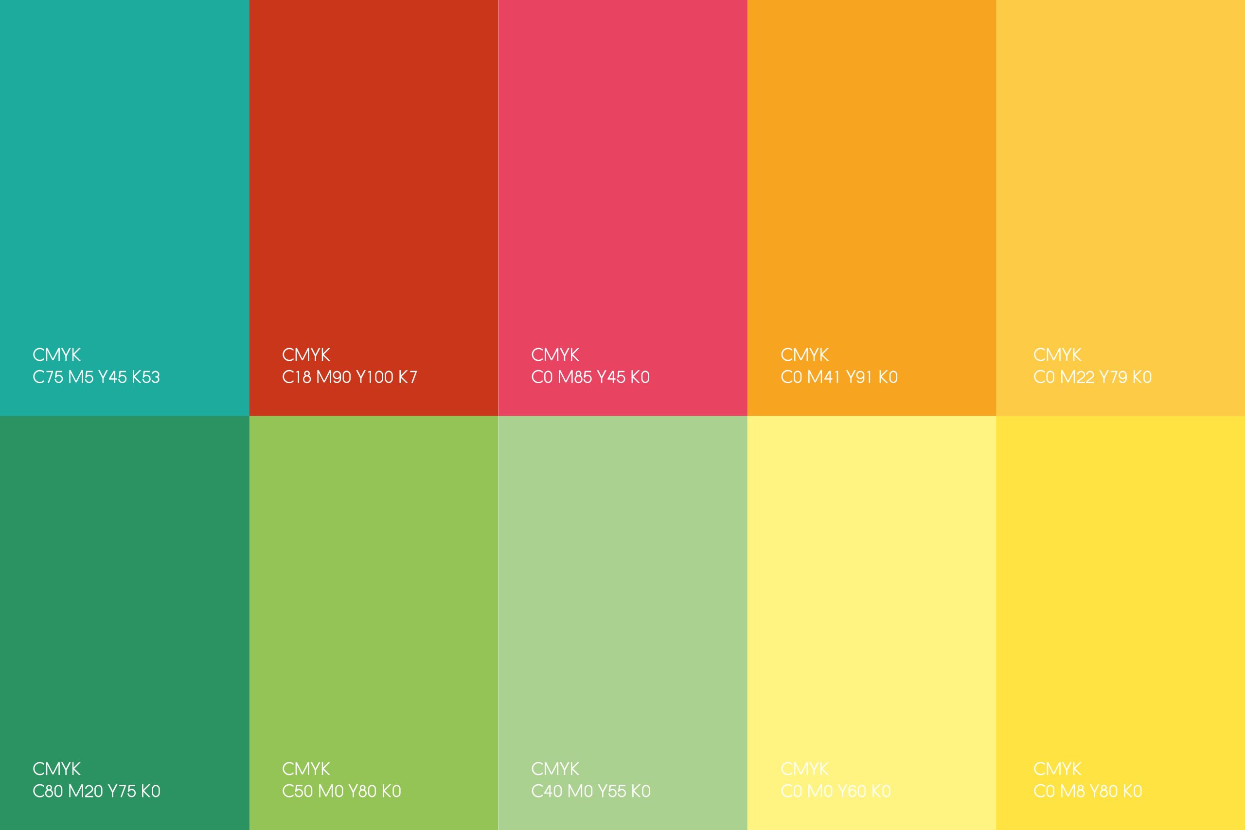 Colour palette board for the “Children’s Day” campaign, featuring ten vibrant colour blocks in shades of blue, red, pink, orange, yellow, and green, each labeled with its corresponding CMYK values.