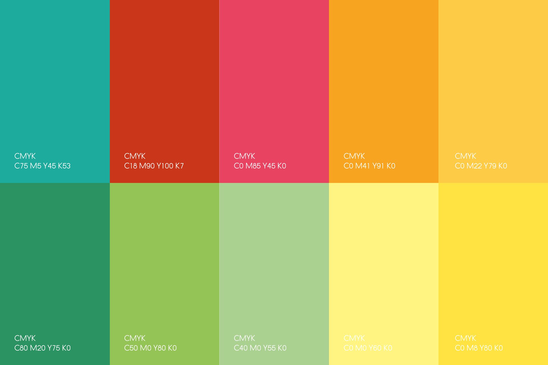 Painel de cores da campanha “Dia da Criança”, composto por dez blocos coloridos em tons vivos de azul, vermelho, rosa, laranja, amarelo e verde, acompanhados pelos respetivos valores CMYK.