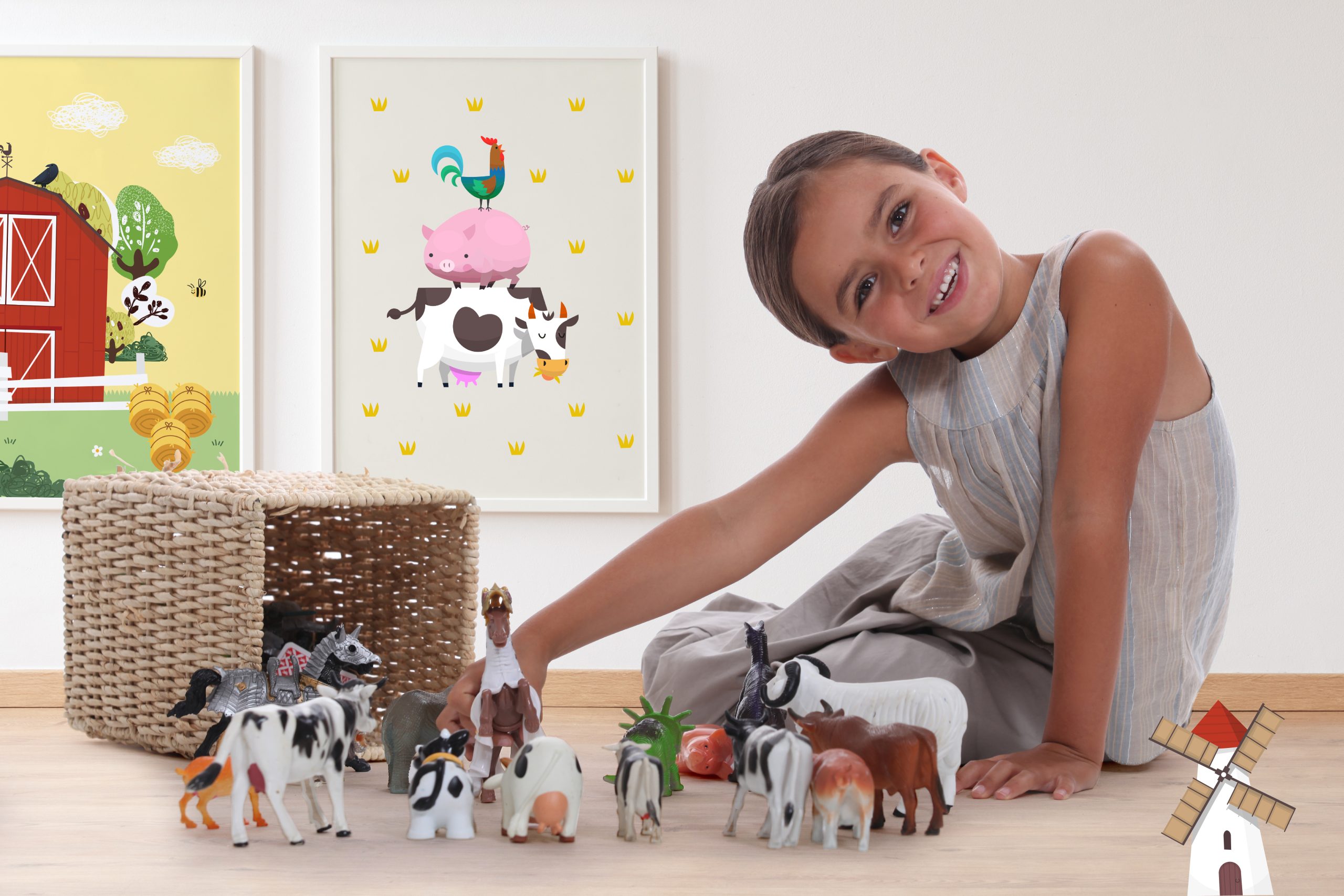 Visual composition featuring a child playing with illustrated posters in the background, emphasizing the playful tone of the campaign.
