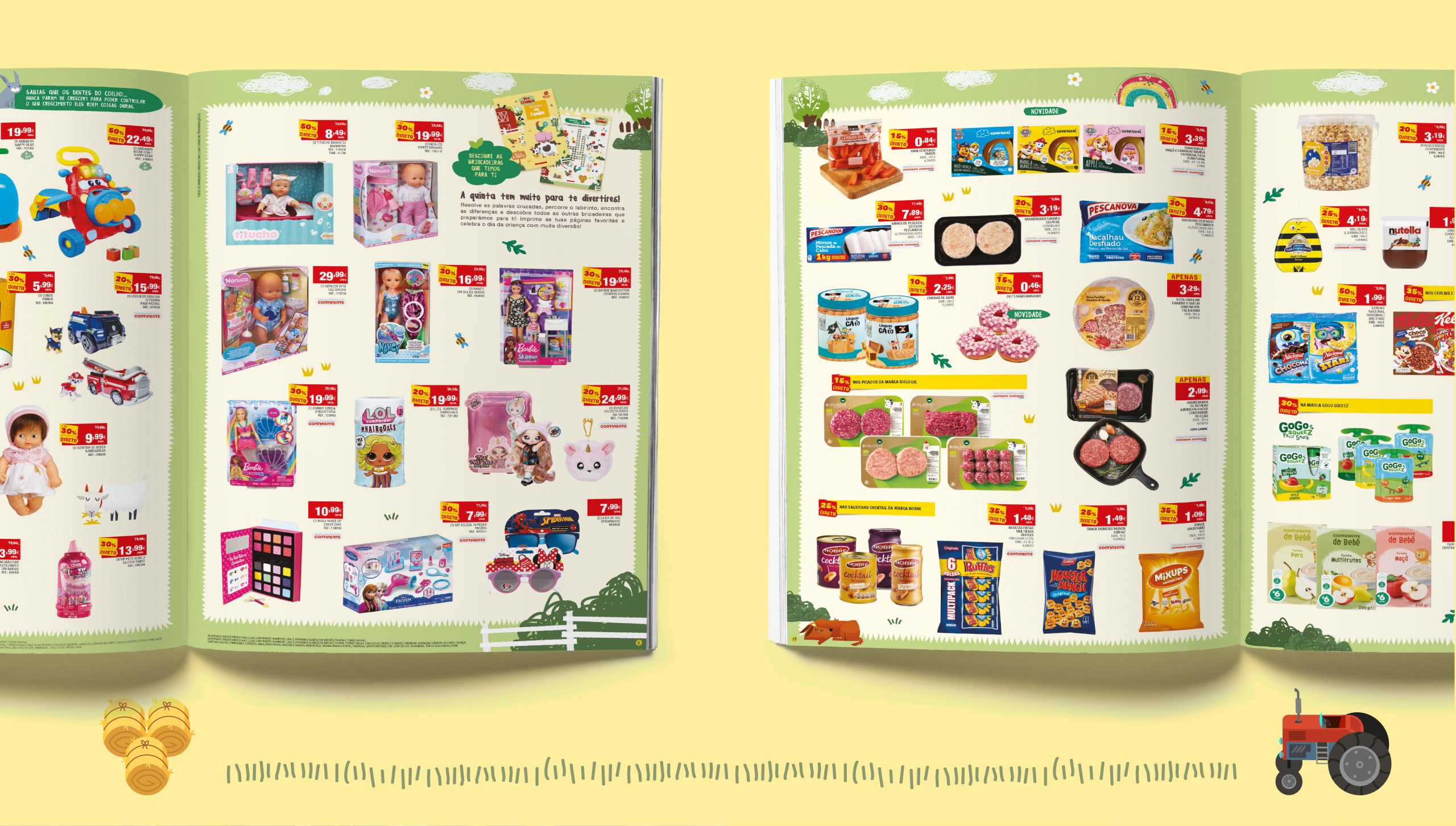 Brochure pages with products and illustrations combining toys, food, and farm-themed graphic elements.