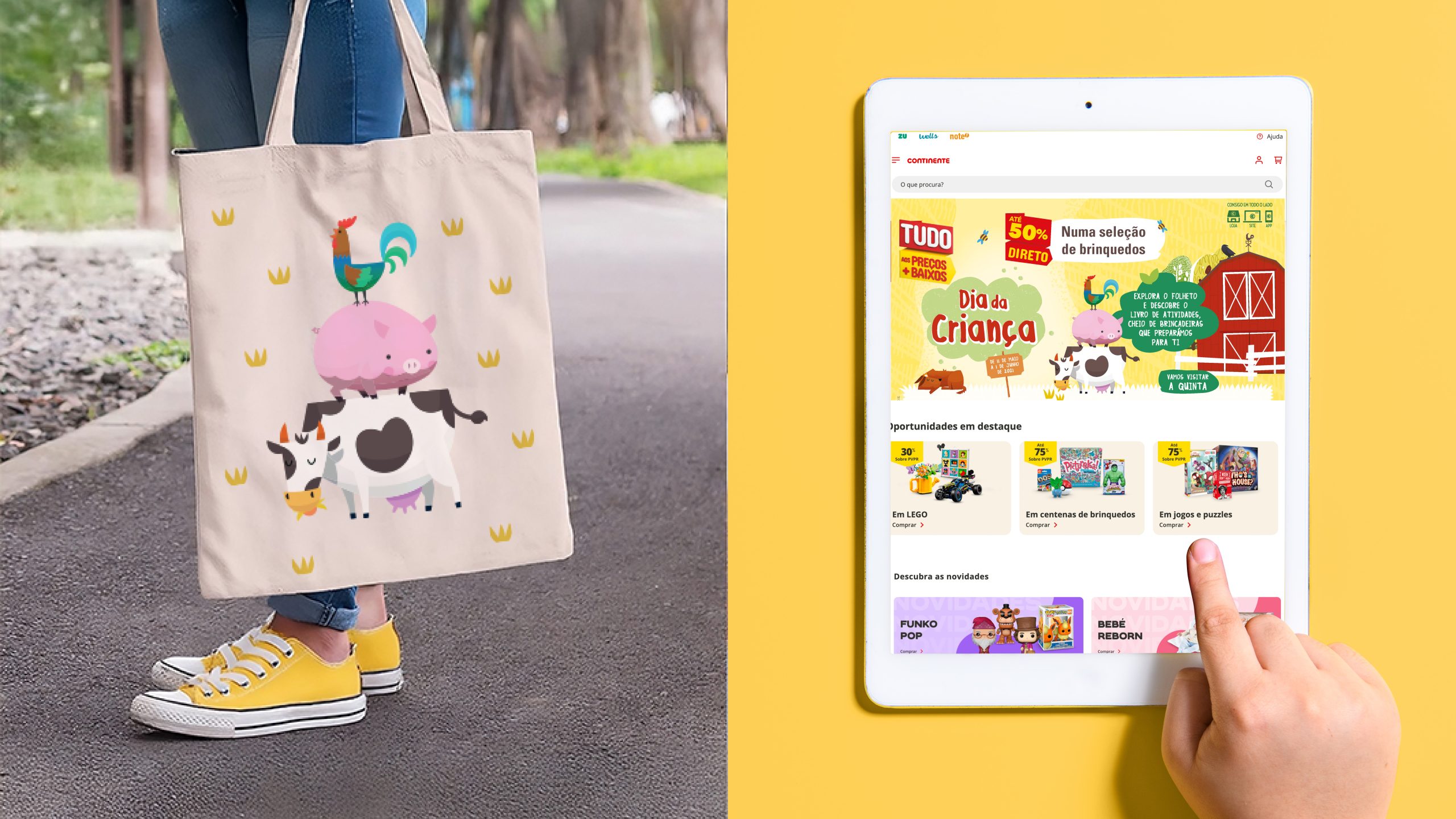 Design applications on a tote bag and digital interface, showcasing the versatility of the visual identity.