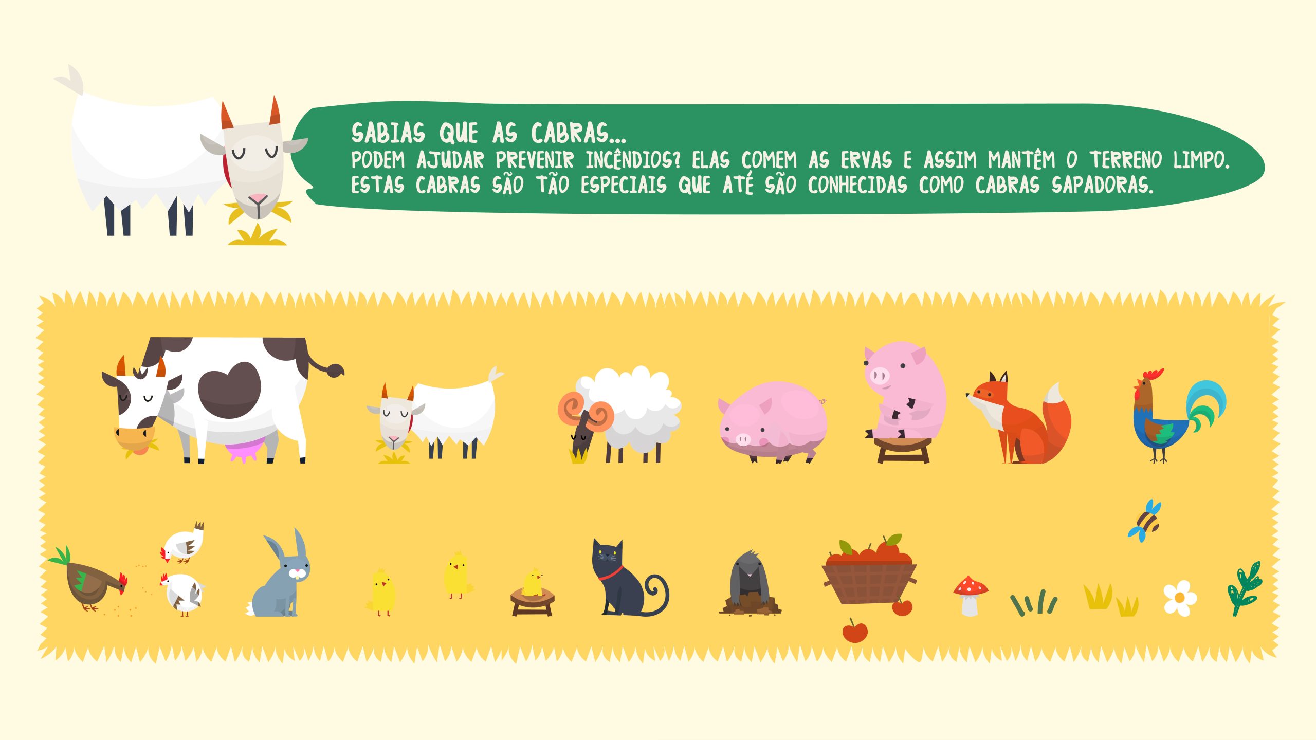 2D farm animal illustrations with simple lines and soft colors, reinforcing the playful and educational tone.