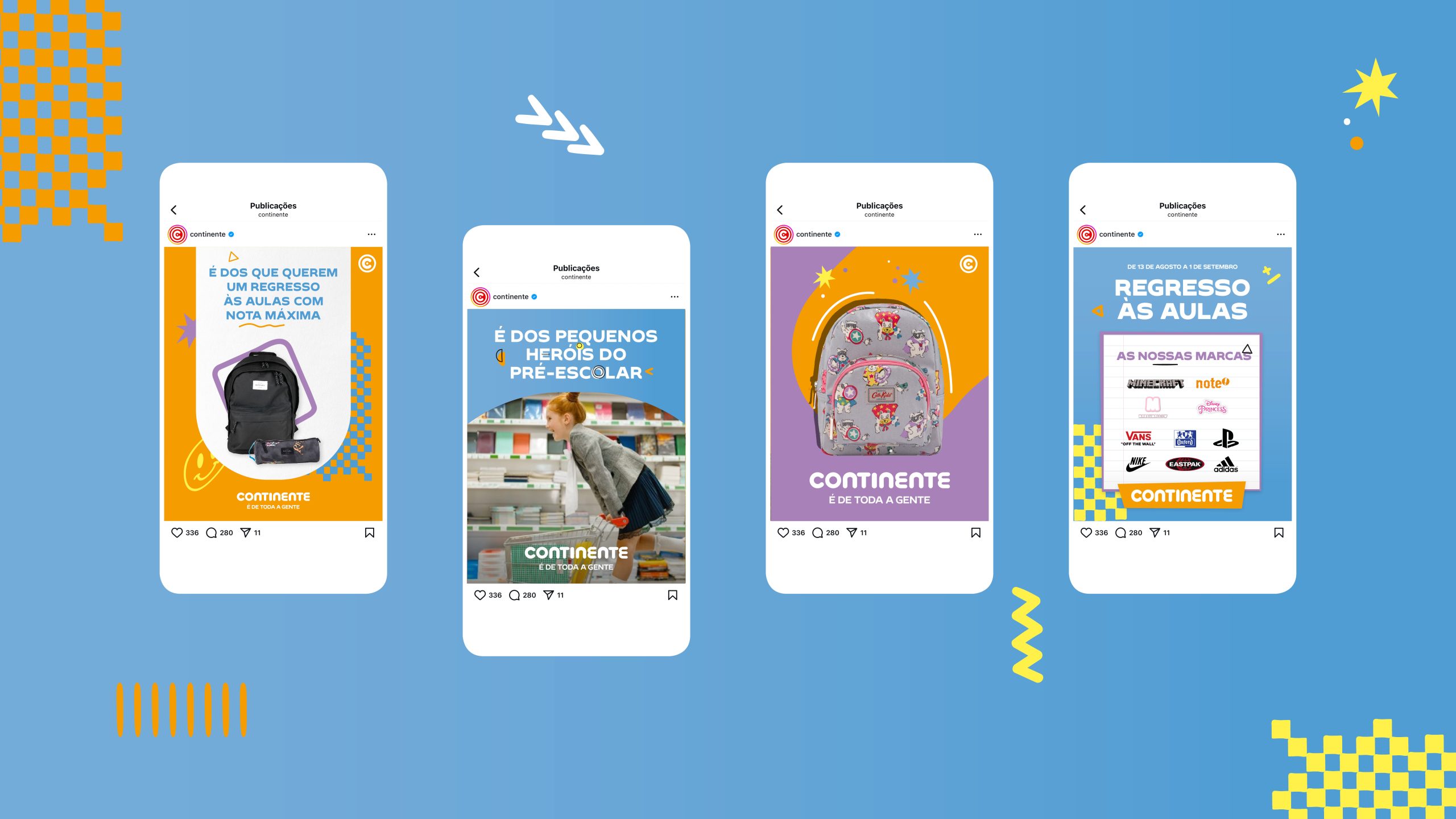 Conjunto de stories e posts mobile com mochilas e mensagem “Regresso às Aulas”, adaptados a redes sociais.