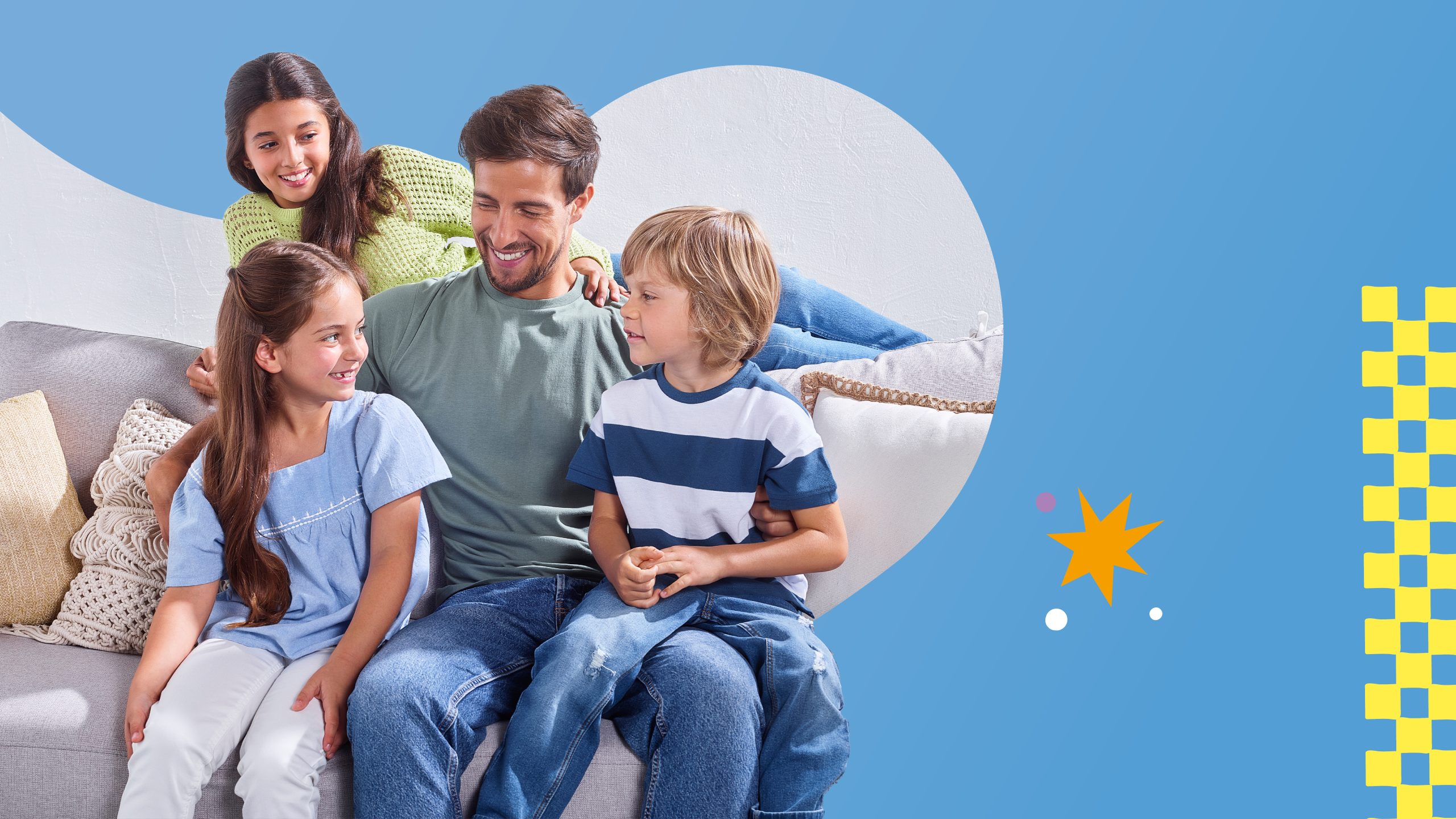 Photograph of a family in a relaxed setting, representing the link between back to school and everyday family life.