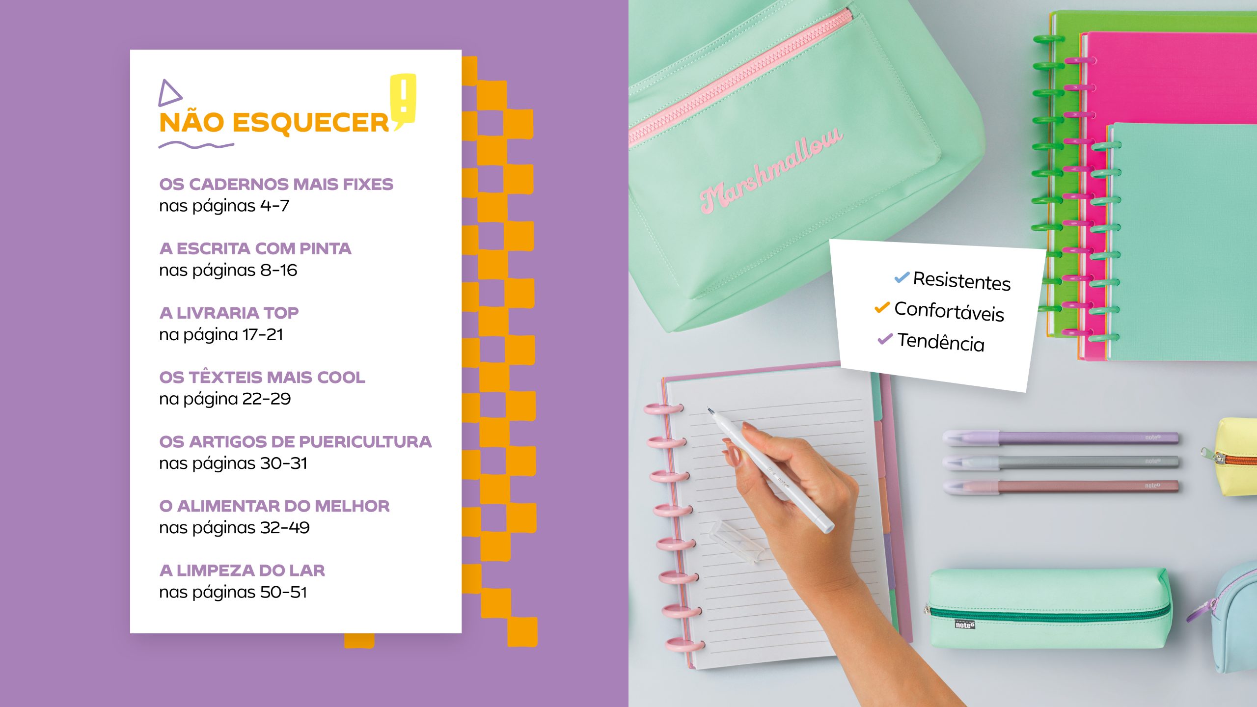 Pagination detail with “Don’t forget” checklist and pastel school supplies, reinforcing organization and visual clarity.
