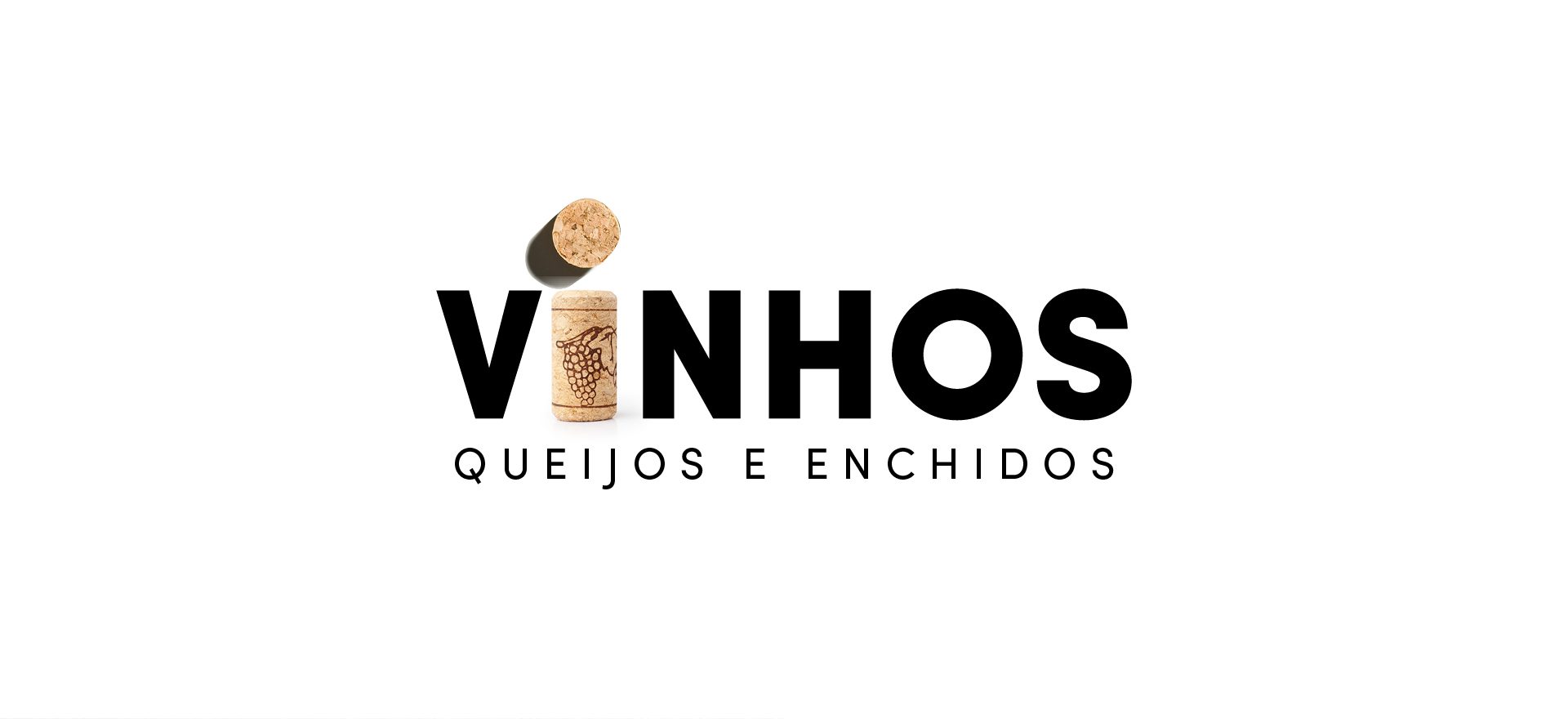 Identidade visual “Vinhos Queijos e Enchidos” sobre fundo branco, com textura de rolha no ponto do “I”, evocando tradição e autenticidade.