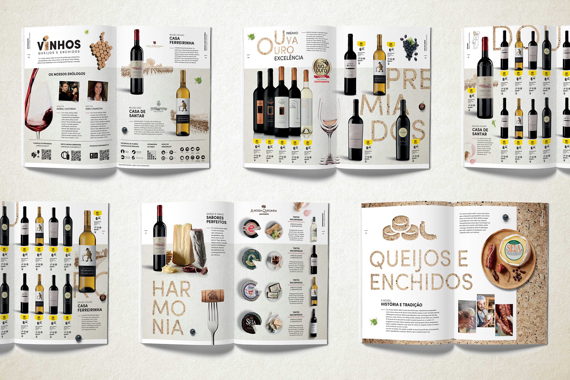 Product leaflet spreads for “Vinhos Queijos e Enchidos,” with elegant design and photographic combinations of wines, cheeses and cured meats.