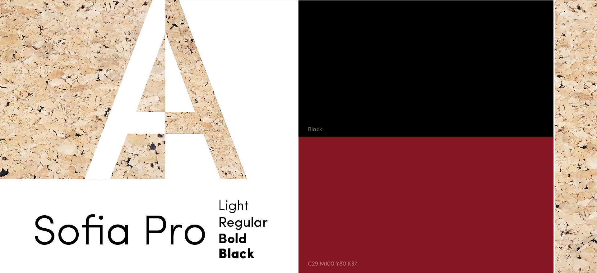 Typographic and color presentation of the project, highlighting the Sofia Pro font and a palette inspired by wine and cork tones.