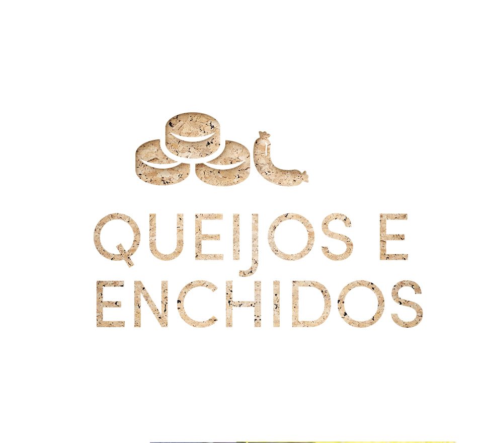 Identidade visual da secção “Queijos e Enchidos” com textura de cortiça natural sobre fundo claro.
