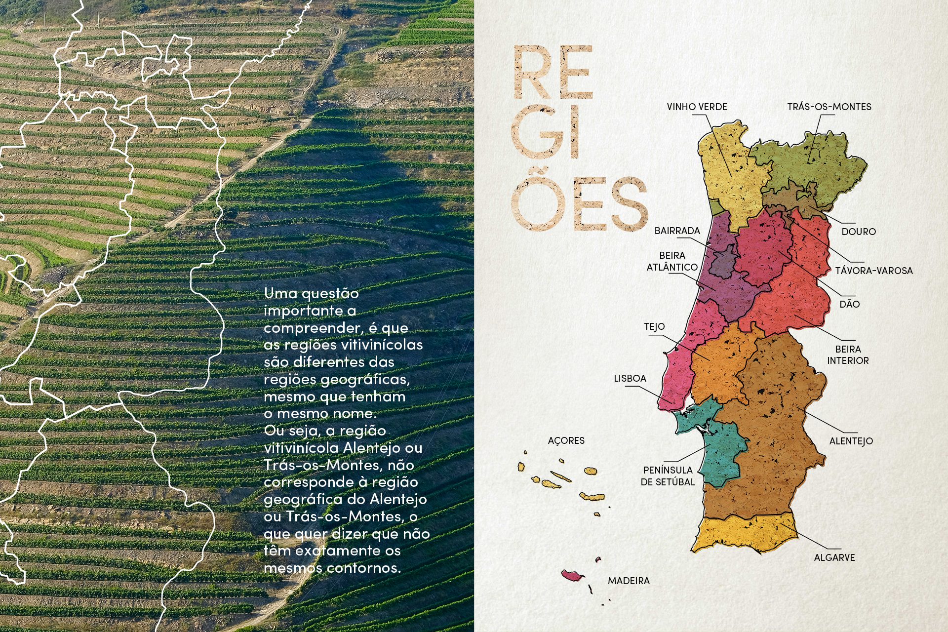 Mapa das regiões vinícolas de Portugal, com design editorial que combina fotografia aérea de vinhas e infografia geográfica.