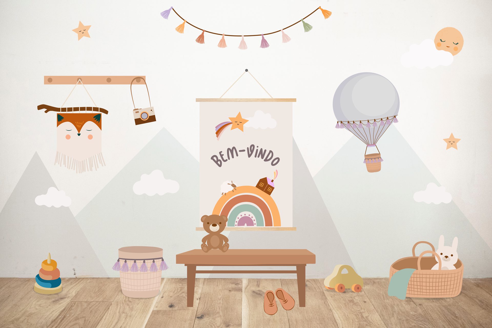 Visual composition of illustrated elements from the baby universe, with furniture and toys in soft neutral tones.