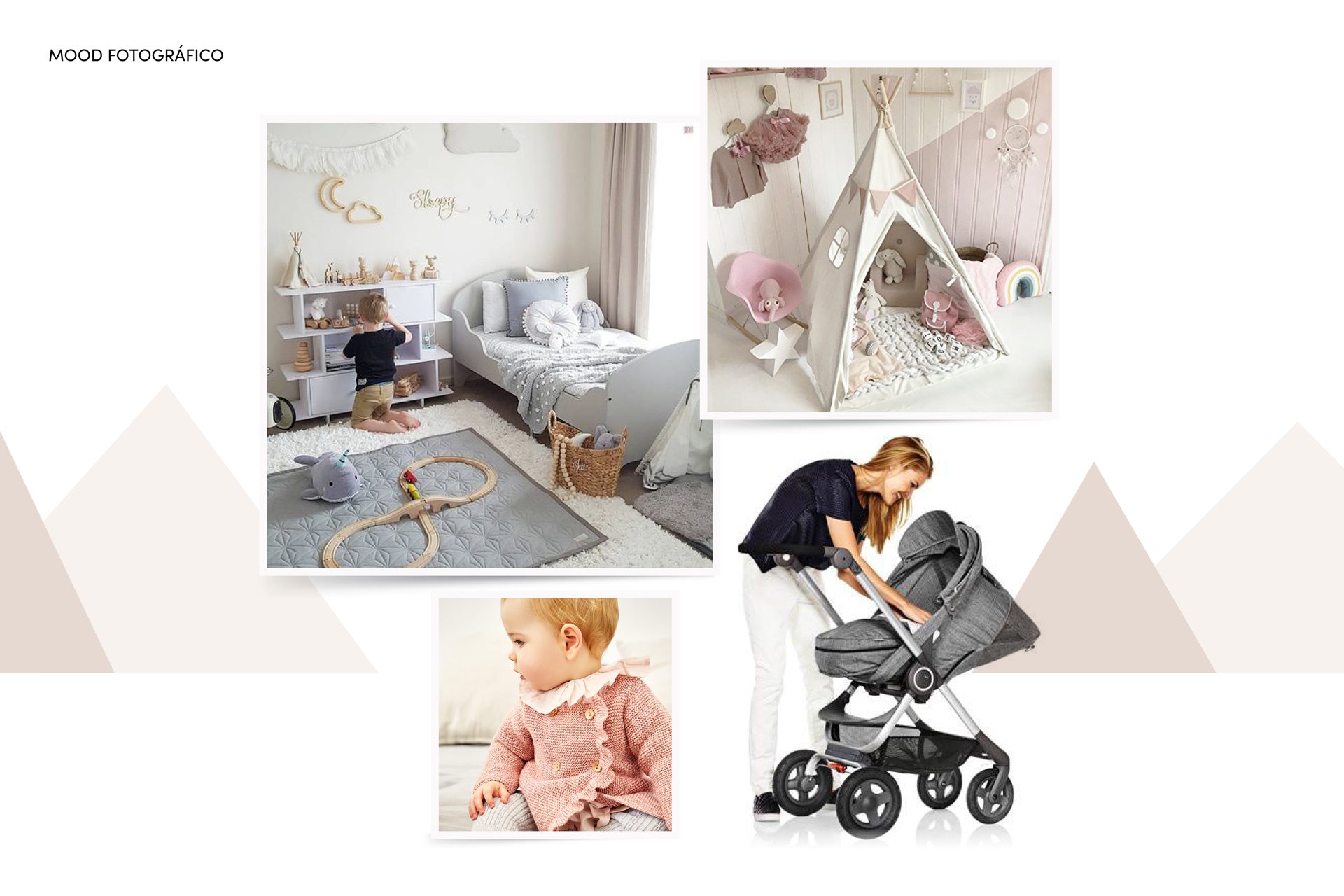 Photographic moodboard with images of baby products and environments in soft, natural tones.