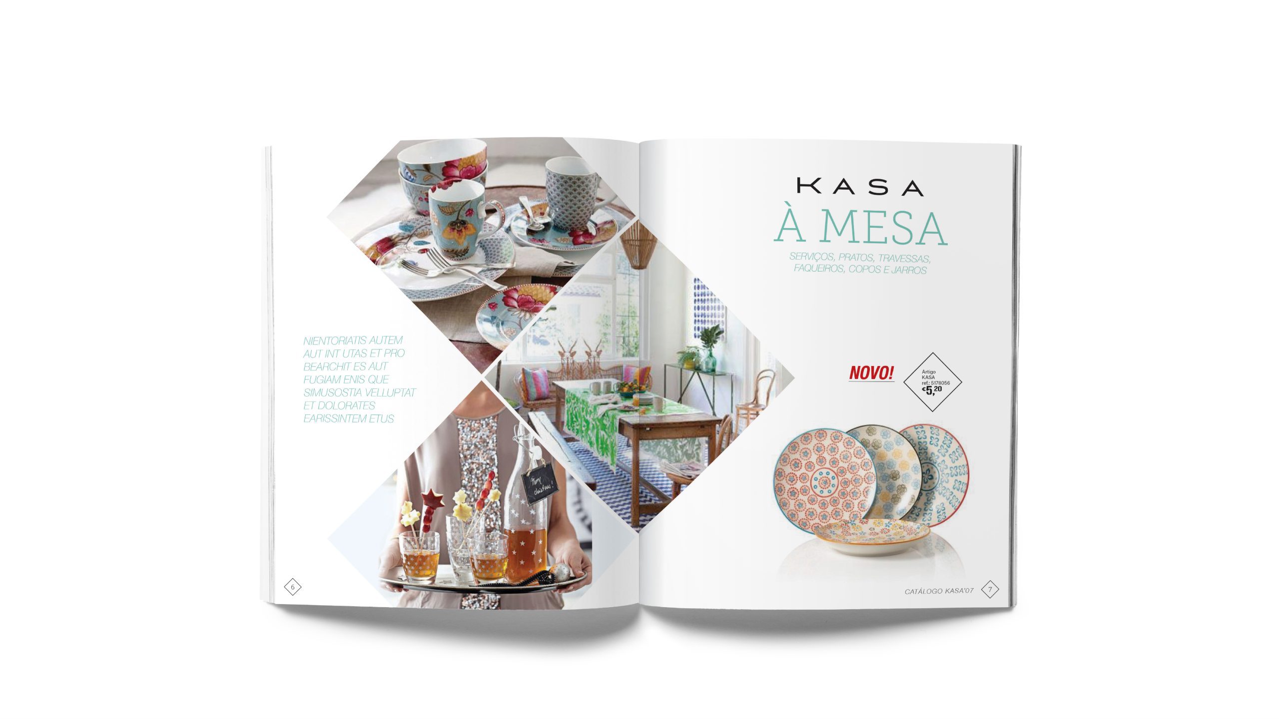 Double-page spread from the “Kasa à Mesa” section, featuring bright photography and a soft color palette.