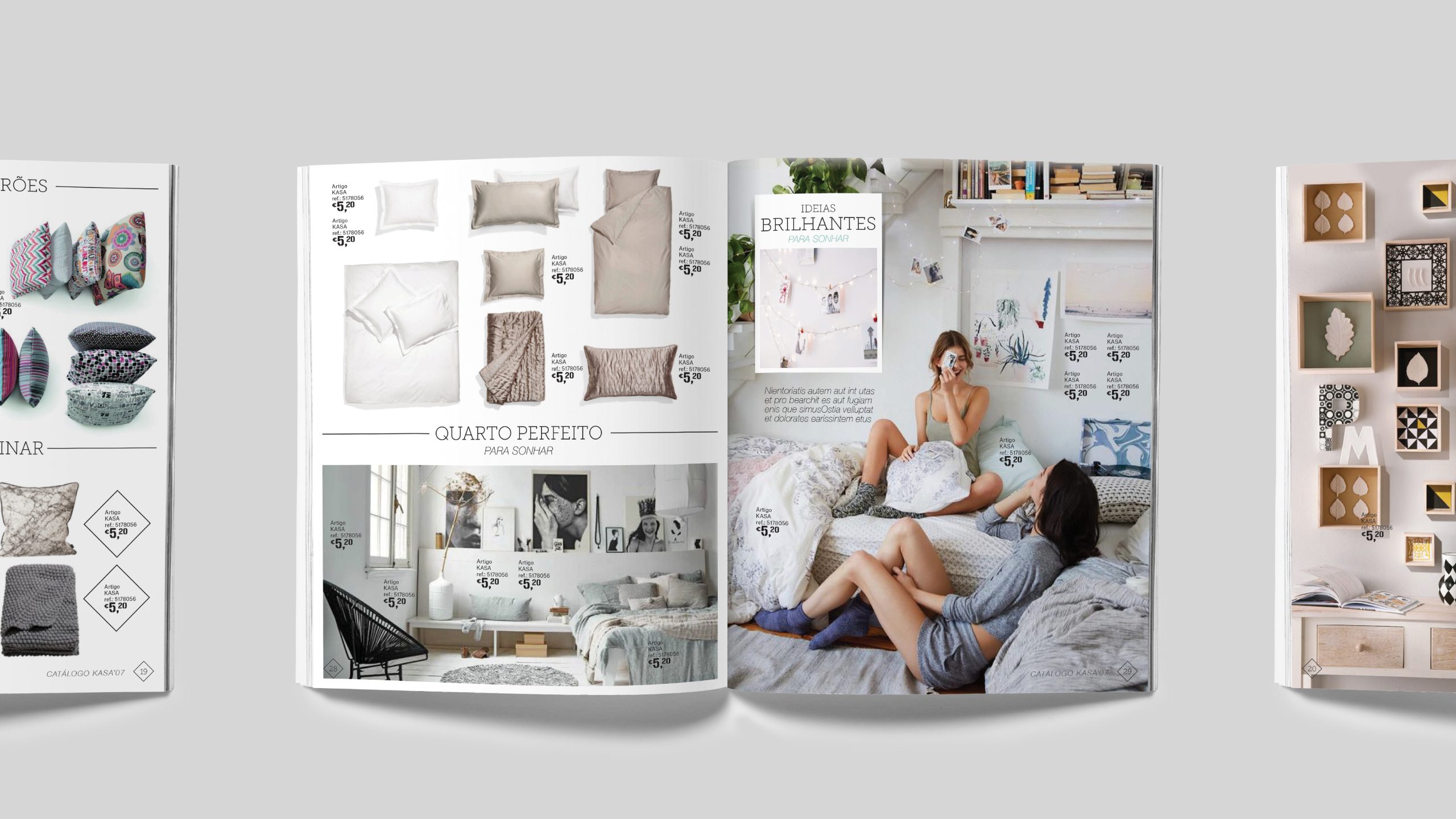 Interior catalogue chapters with bedroom and living room scenes, exploring comfort and a homely atmosphere.